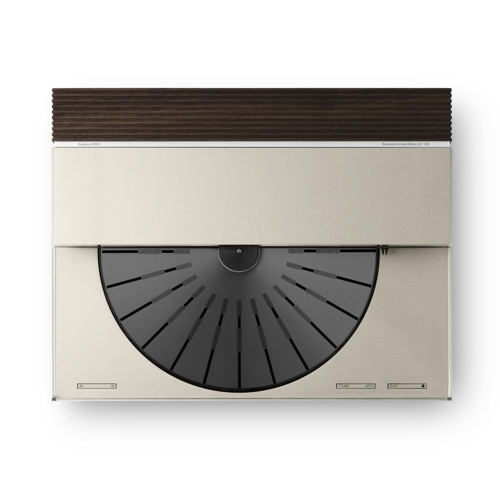 Beogram 3000c in dune grey aluminium and dark walnut from the sky view