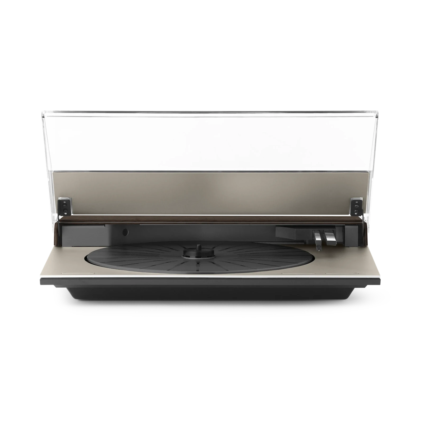 Beogram 3000c in dune grey aluminium and dark walnut and the case is open