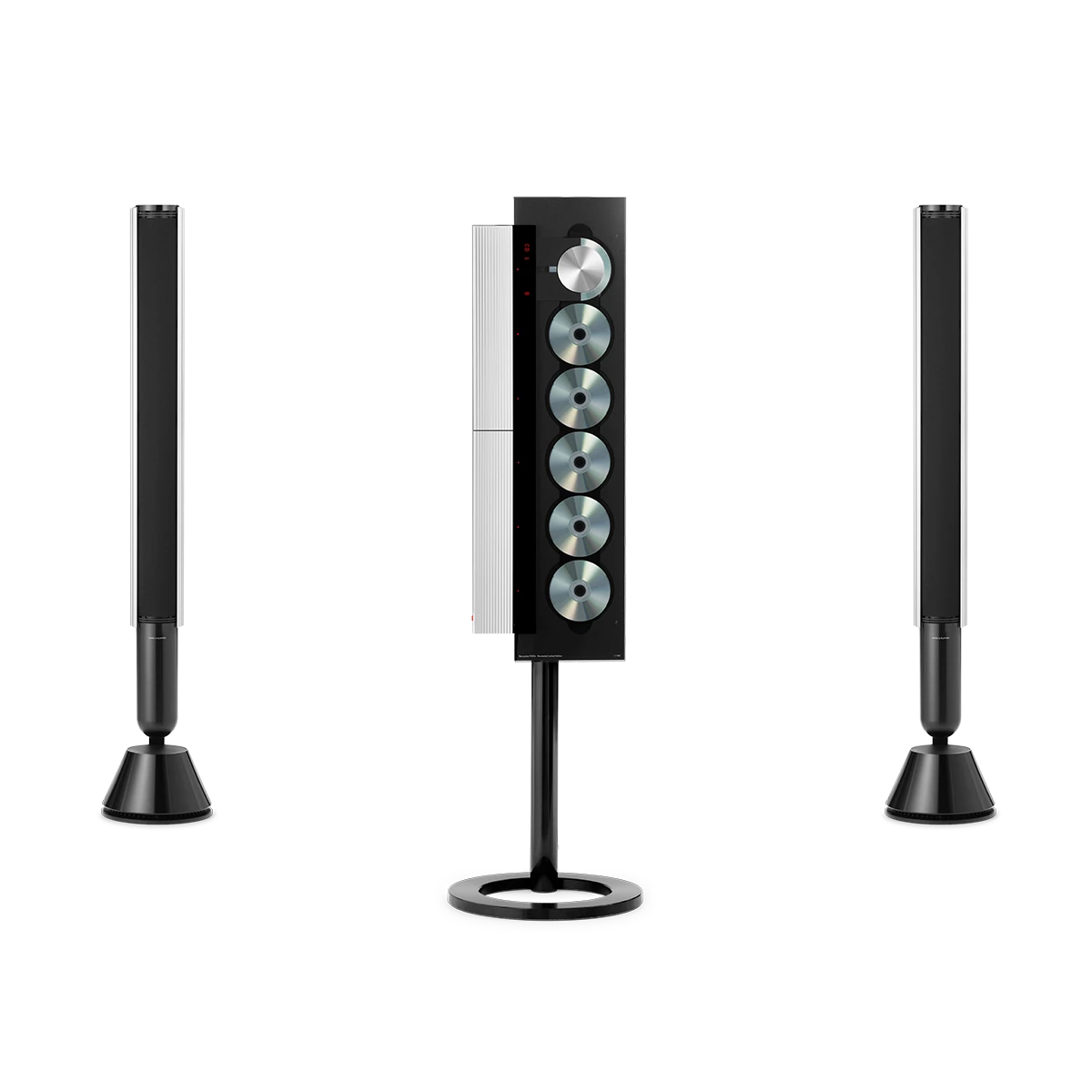 Product image of the Recreated Classic Beosystem 9000c, the iconic CD player and a set of Beolab 28 speakers in front view